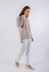 Embellished Metallic Asymmetrical Hem Shirt\قميص مطروح معدني غير متماثل