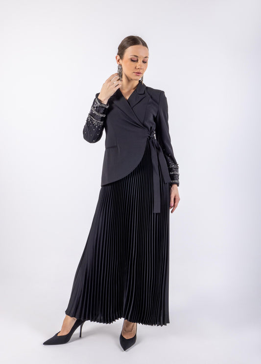 Embellished Wrap Blazer Dress with Pleated Skirt