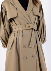 Elegant Double-Breasted Trench Coat with Pleated Balloon Sleeves
