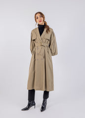 Elegant Double-Breasted Trench Coat with Pleated Balloon Sleeves