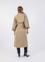 Elegant Double-Breasted Trench Coat with Pleated Balloon Sleeves