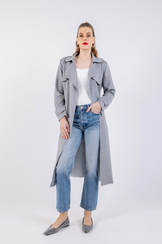 معطف سادة متوسط الطول بفتحة رقبة مسننة