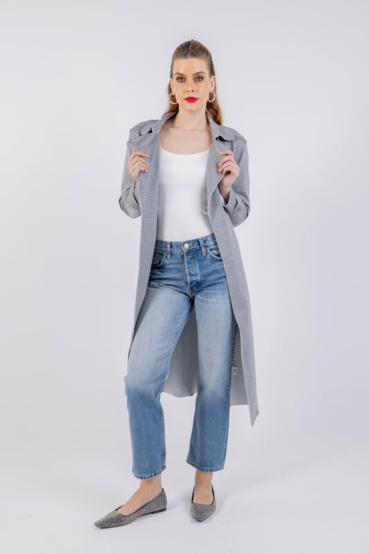 معطف سادة متوسط الطول بفتحة رقبة مسننة