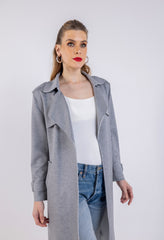 معطف سادة متوسط الطول بفتحة رقبة مسننة