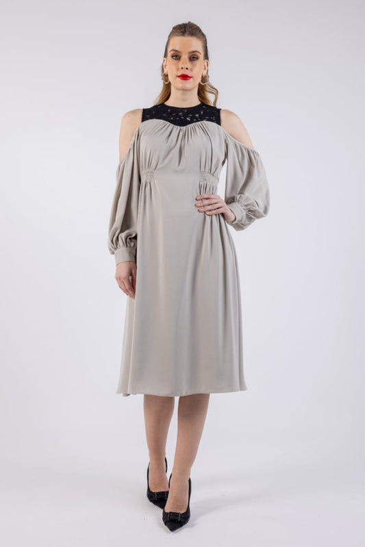 Elegant Cold-Shoulder Midi Dress with Lace Detailing