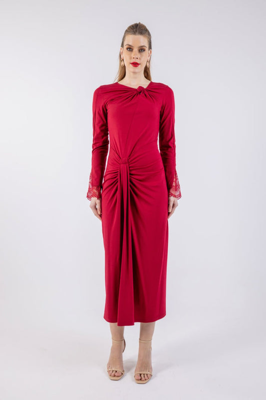 فستان ميدي سادة منسدل مع تفاصيل دانتيل على الأكمام