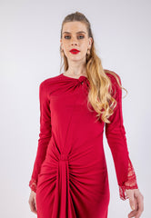 فستان ميدي سادة منسدل مع تفاصيل دانتيل على الأكمام