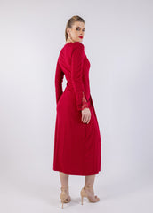 فستان ميدي سادة منسدل مع تفاصيل دانتيل على الأكمام