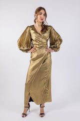 Gold Evening Dress with Puff Sleeves and Wrap Design