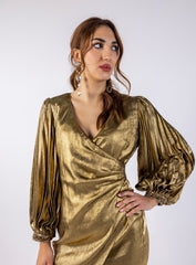 Gold Evening Dress with Puff Sleeves and Wrap Design