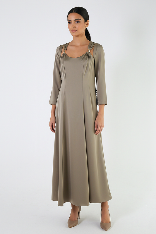 Long Satin A-Line Dress with Metal Strap Detailing – Elegant Evening Style