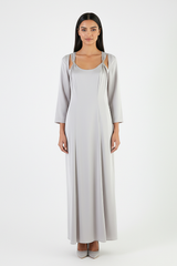 Long Satin A-Line Dress with Metal Strap Detailing – Elegant Evening Style