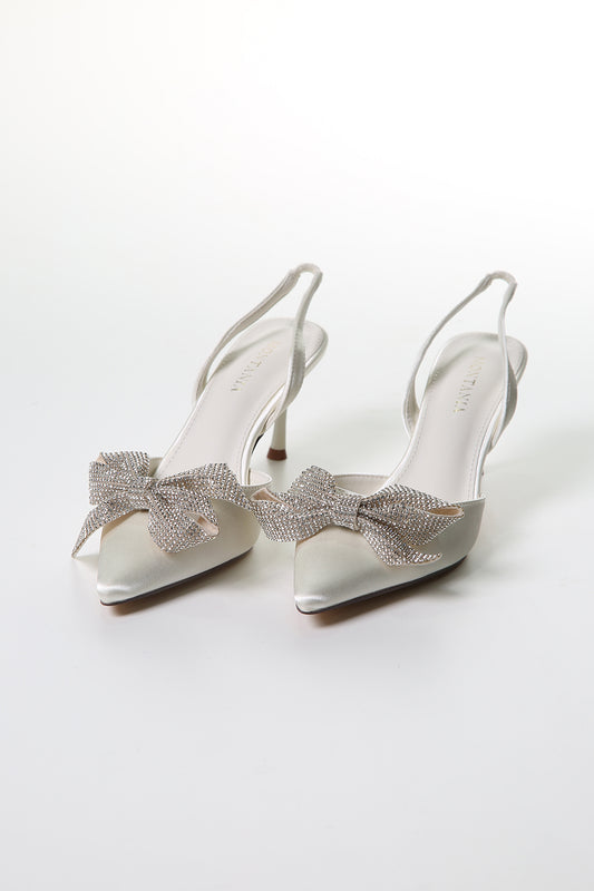 Crystal Bow Satin Slingback Heels – Elegant Glamour
