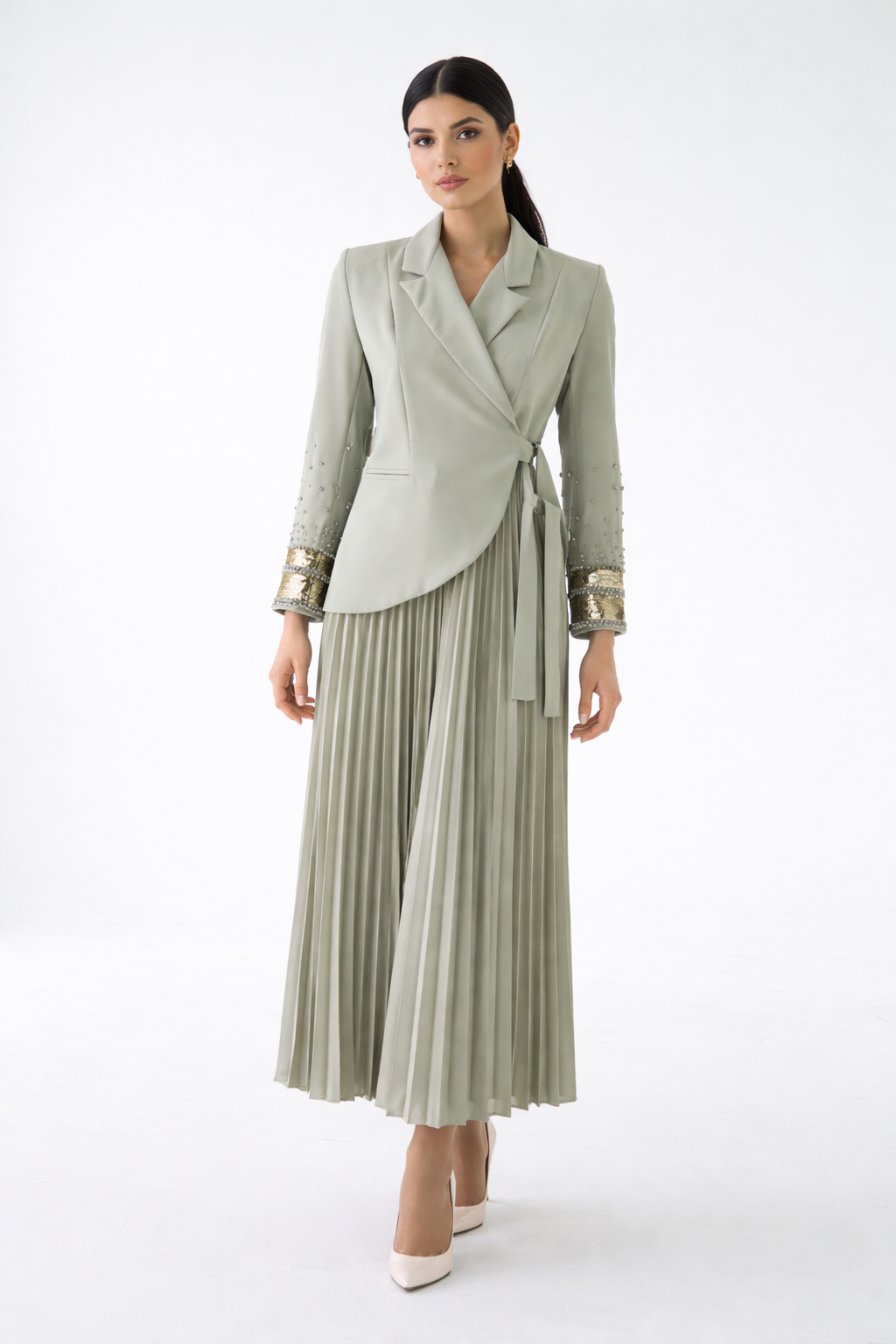 Pleated Maxi Dress with Embellished Blazer-Style Jacket - Montania Shop