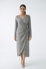 Elegant Lace Wrap Midi Dress with Asymmetrical Hem