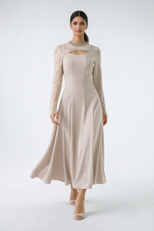 Embellished Lace-Sleeve Maxi Dress