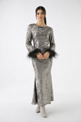Asymmetrical Textured Maxi Dress with Feathered Cuffs