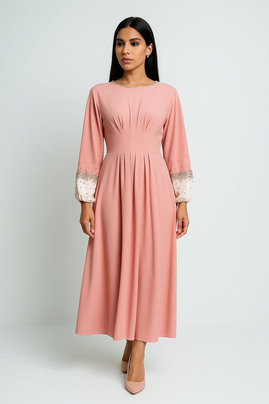 Elegant Maxi Dress with Crystal-Embellished Cuff Sleeves
