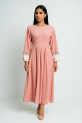Elegant Maxi Dress with Crystal-Embellished Cuff Sleeves