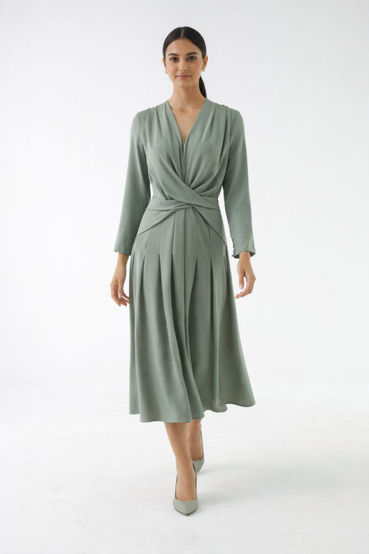Twist-Waist Draped Midi Dress