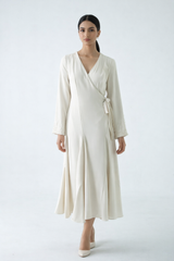 Elegant Wrap Midi Dress with Embellished Cuffs