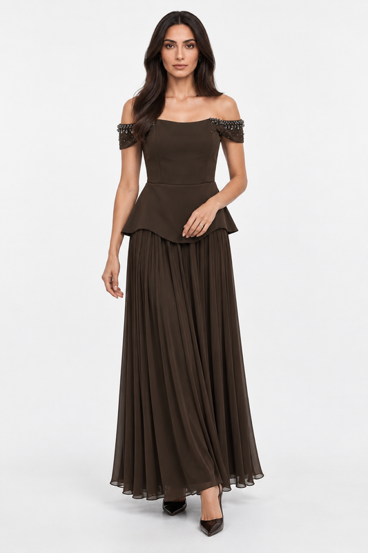 Embellished Cold-Shoulder Pleated Dress