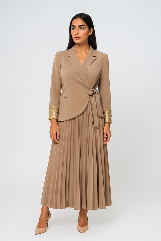 Pleated Maxi Dress with Embellished Blazer-Style Jacket