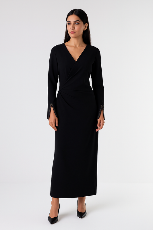 Draped Wrap-Front Long Dress with Embellished Sleeve Slits