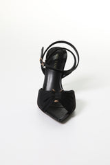 Ruched Satin Heels with Metal Ring – Elegant Open-Toe Sandals