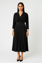 Dolman Sleeve Midi Dress with Embellished Waist