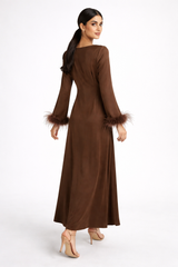 Pleated Waist Maxi Dress with Feather-Trimmed Cuffs