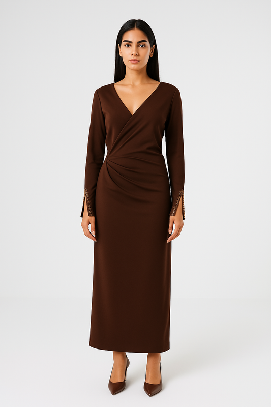 Draped Wrap-Front Long Dress with Embellished Sleeve Slits