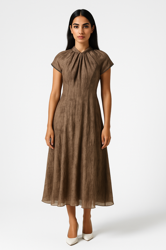 Elegant Gathered Neck Midi Dress with Crystal Trim