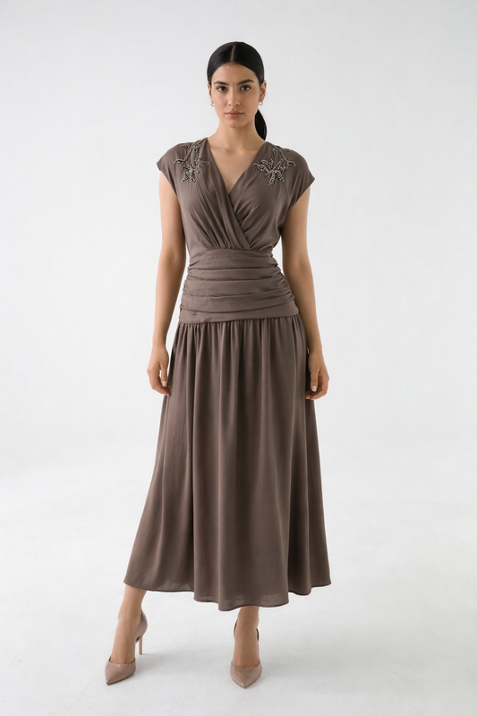 Embellished Wrap Bodice Maxi Dress