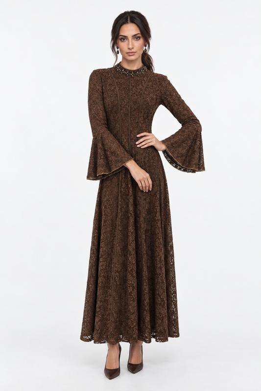 Embellished High-Neck Floral Lace Bell Sleeve Maxi Dress
