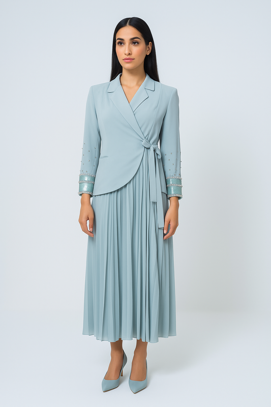 Pleated Maxi Dress with Embellished Blazer-Style Jacket