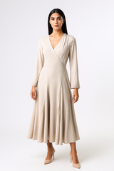 فستان ميدي أنيق بأسلوب لف وخط خصر مميز وأكمام مزينة بالخرز