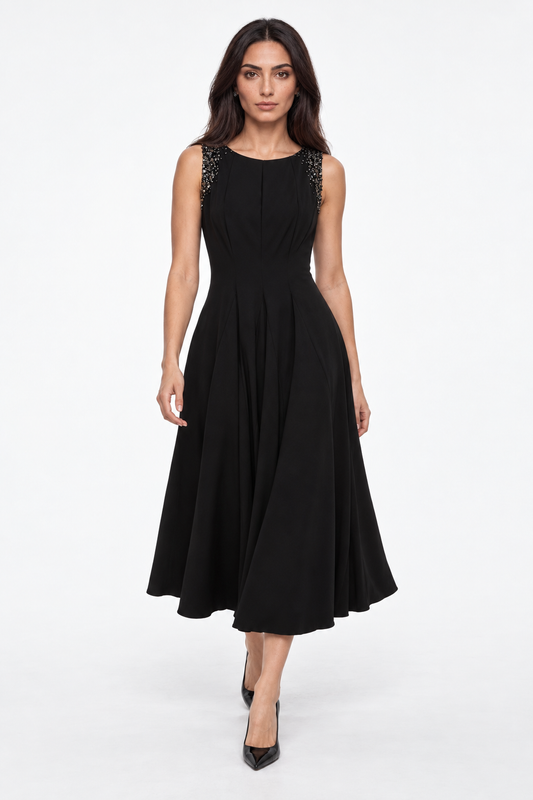 Embellished Shoulder Fit & Flare Midi Dress