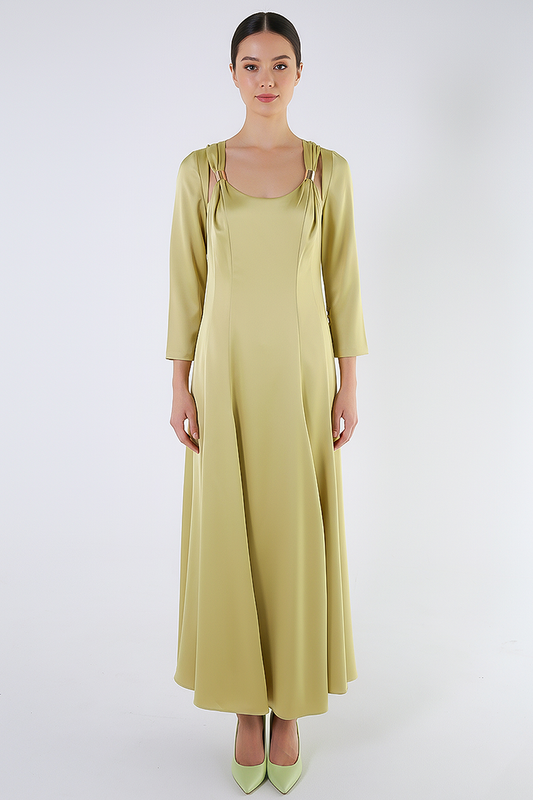 Long Satin A-Line Dress with Metal Strap Detailing – Elegant Evening Style