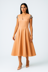 Midi Dress with Embellished Cap Sleeves and Flared Skirt