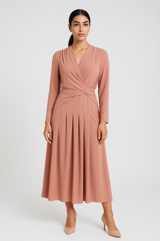 Pleated Long Dress with Twisted Waist Detail – Elegant Full-Length Silhouette