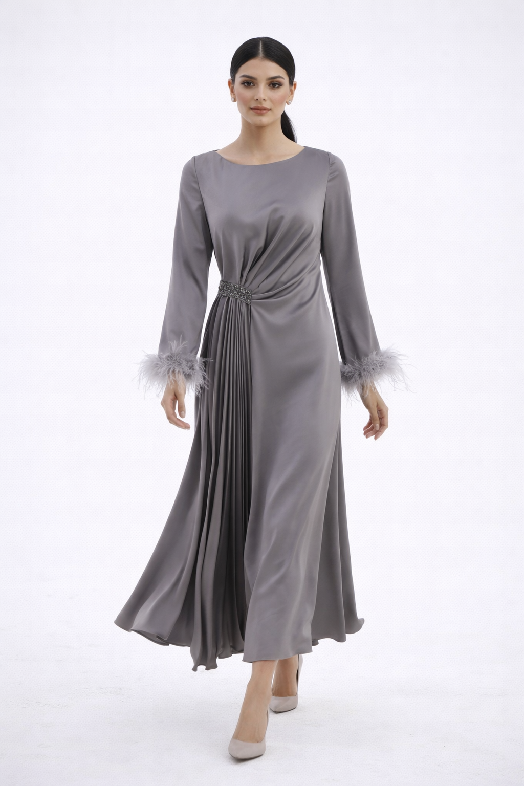 Pleated Waist Maxi Dress with Feather-Trimmed Cuffs - Montania Shop