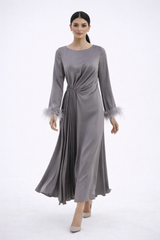 Pleated Waist Maxi Dress with Feather-Trimmed Cuffs - Montania Shop