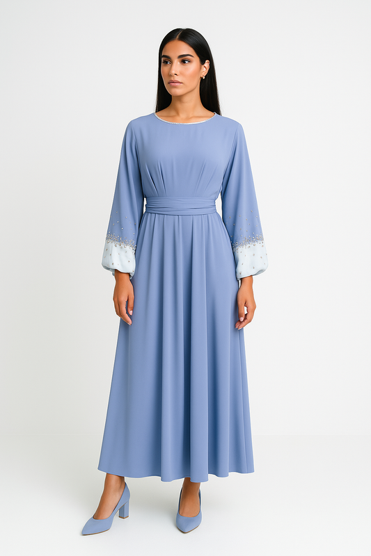 Elegant Maxi Dress with Crystal-Embellished Cuff Sleeves