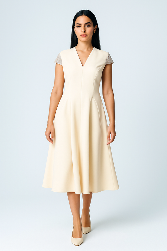 فستان ميدي بأكمام قصيرة مطرزة وتنورة واسعة