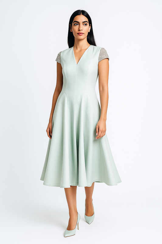 فستان ميدي بأكمام قصيرة مطرزة وتنورة واسعة