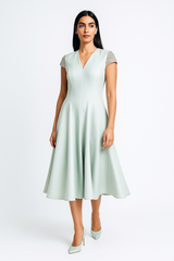 Midi Dress with Embellished Cap Sleeves and Flared Skirt