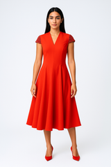 Midi Dress with Embellished Cap Sleeves and Flared Skirt