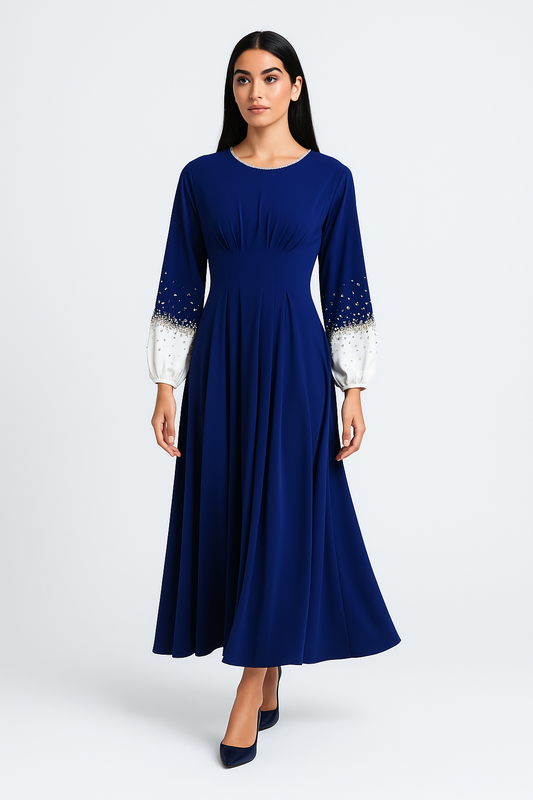 Elegant Maxi Dress with Crystal-Embellished Cuff Sleeves