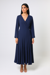 Elegant Wrap-Style Midi Dress with Bead-Embellished Sleeves